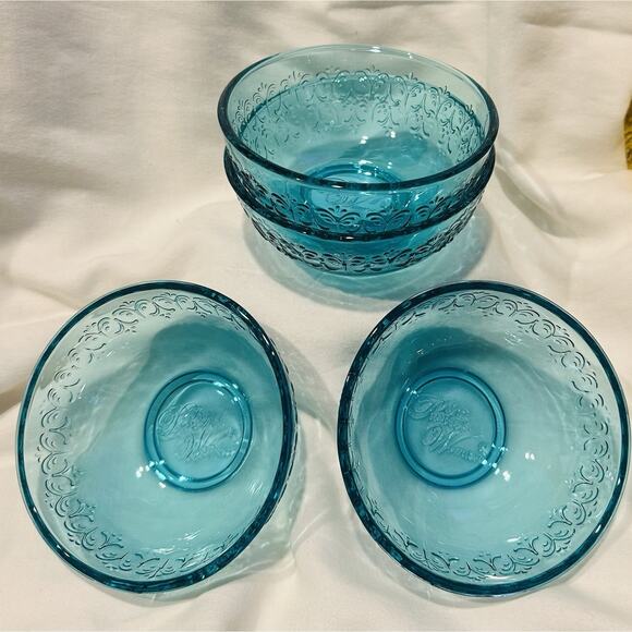 Pioneer Woman Teal Pressed Glass Dip Bowls 3.1” Embossed Design Gift Set Of 4 - Picture 2 of 8